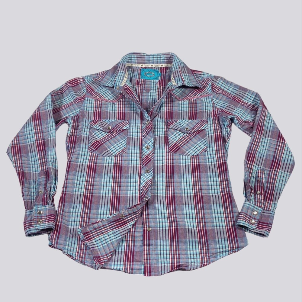 Cowgirl Hardware Snap Shirt Top M Bling Plaid Blue Purple Western Rockabilly